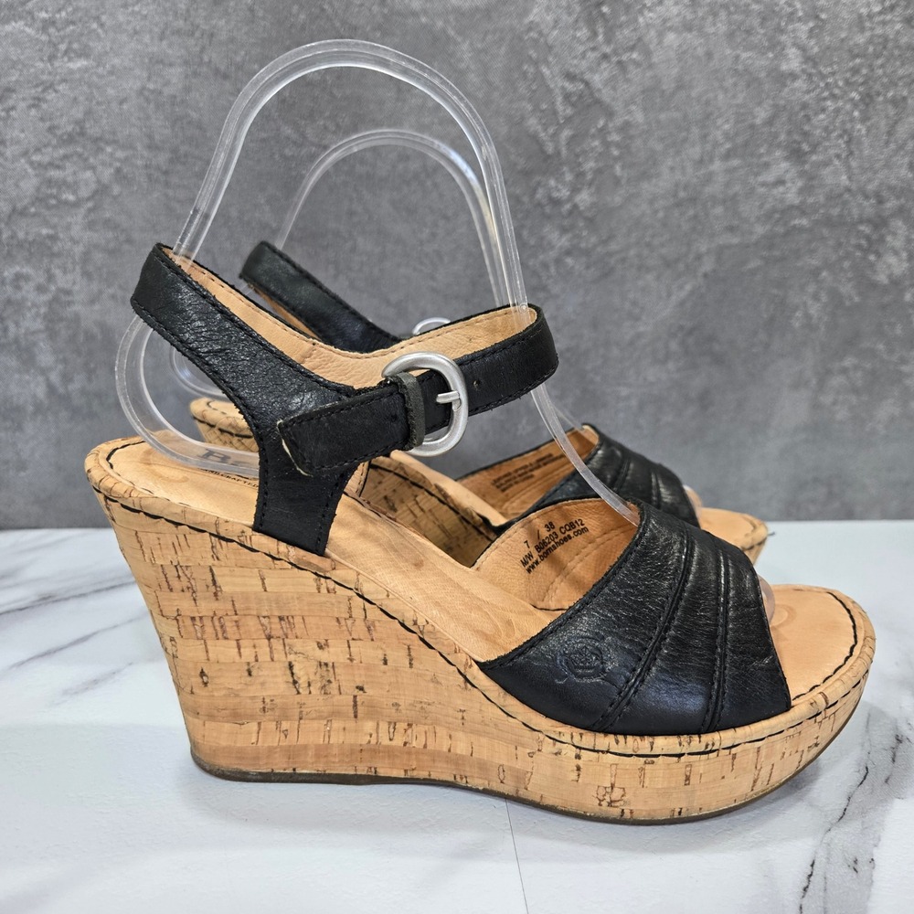 Born Womens 7 Black Leather Slingback Cork Wedge Sandals Comfort Shoes Platform